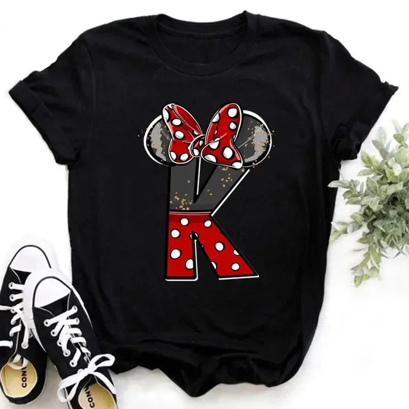 thumbnail image 1 of 2024 Marca Disney Ropa para niños Minnie Mouse Rojo Negro Letras AZ Estampado Niñas Niños Algodón Camiseta Negro Y2k Tops Camisetas para bebés, 1 of 5