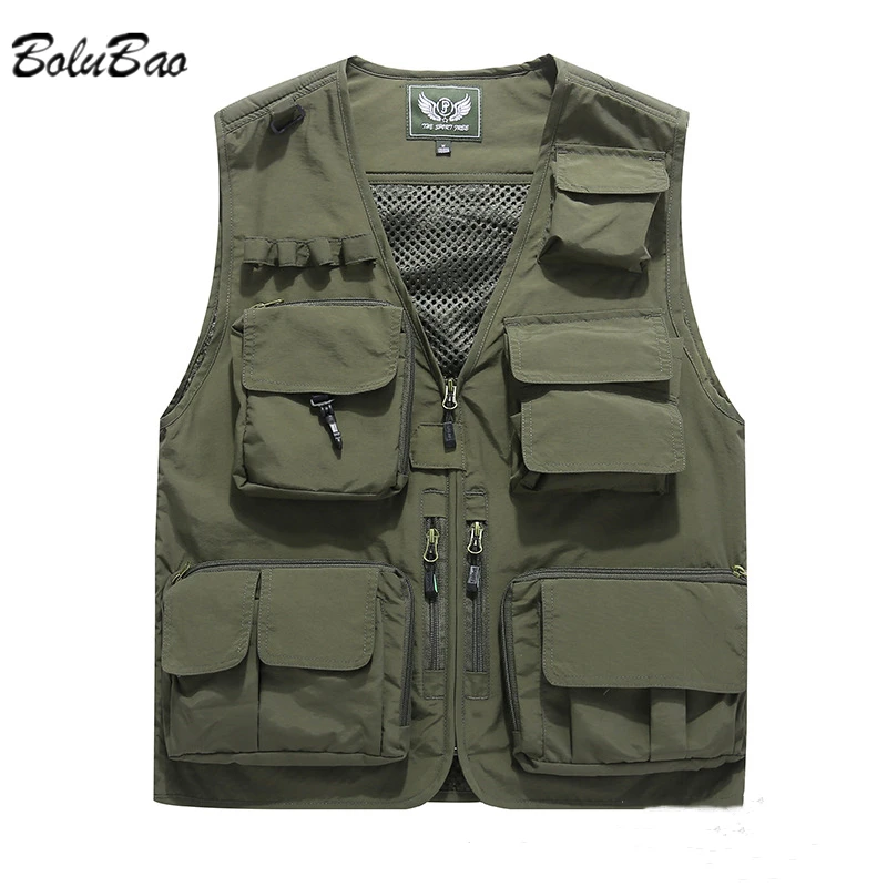 BOLUBAO Men's Vest Multi-Pocket Thin Trend Mesh Breathable Detachable Waistcoat Outdoor Mountaineering Fishing Casual Vest Male