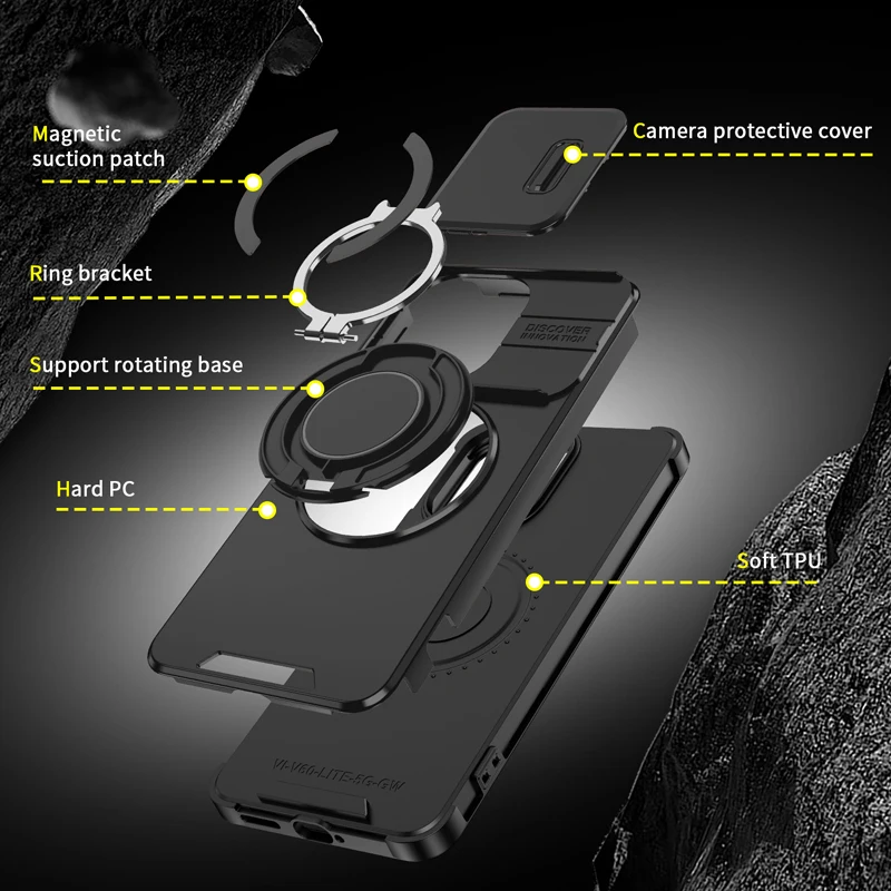 Heavy Duty Magnetic Metal Ring Phone Case - Shockproof Rugged Armor with Slide Camera Protector