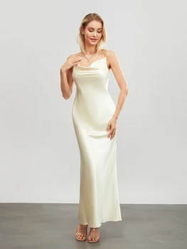 Women Long Bodycon Dress Solid Color Spaghetti Strap Cowl Neck Sleeveless Dress Summer Backless Cami Dress 5