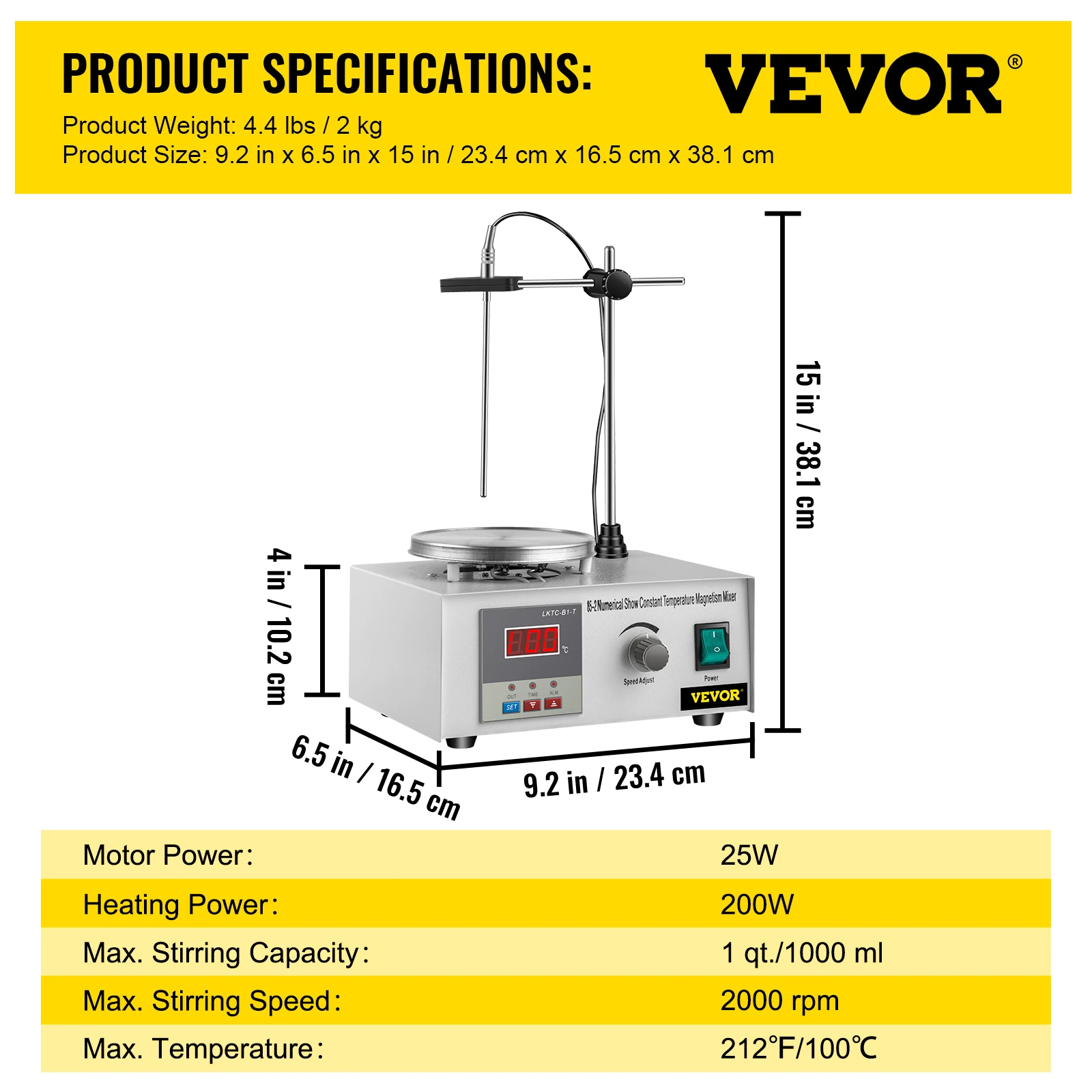 Magneetroerder Hot Plate Mixer 2000 Ml Roercapaciteit Laboratoriumroerders Kookplaat 180 W Maximaal 662 ℉ 350 ℃ 100‑1600 RPM Traploos Instelbaar voor Laboratorium (EU-stekker 220V