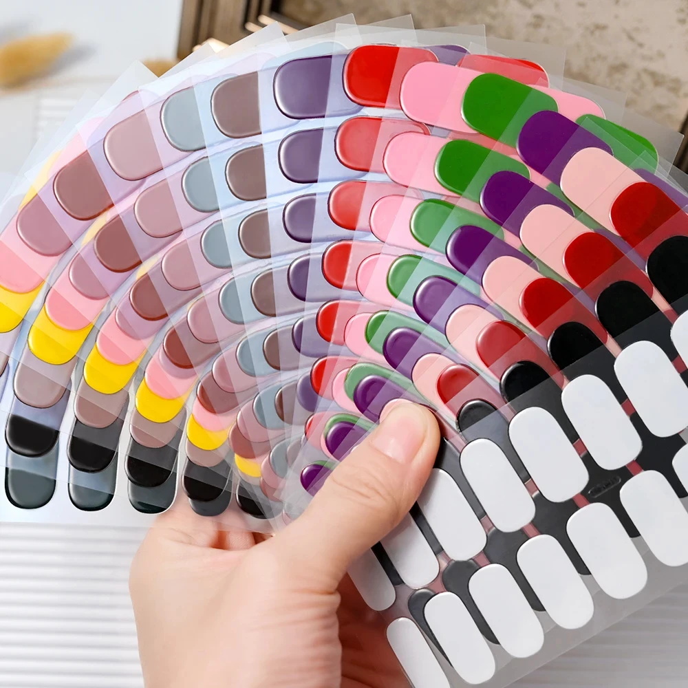 Nail Stickers 16Tips UV Semi-Cured Gel Nail Wraps Sticker 5D Pure Color Full Cover UV Lamp Gel Sticker Long-Lasting Nail Extension Patch Strip