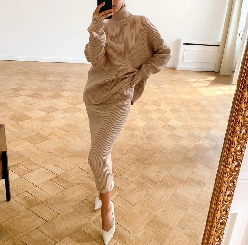 Knitted 2 Piece Outfit Set Casual Long Sleeve Sweater Top And Pencil Long Skirts Elegant Autumn Two Piece Sweater Sets