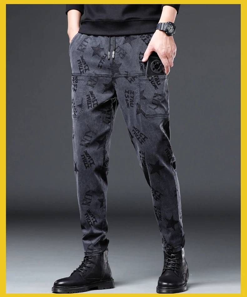 Große Größe 5XL 6XL Herbst männer Sechs Tasche Casual Hosen Schwarz Grau Stern Brief Muster Stretch Gerade Mode Hosen männlichen – Detail 14