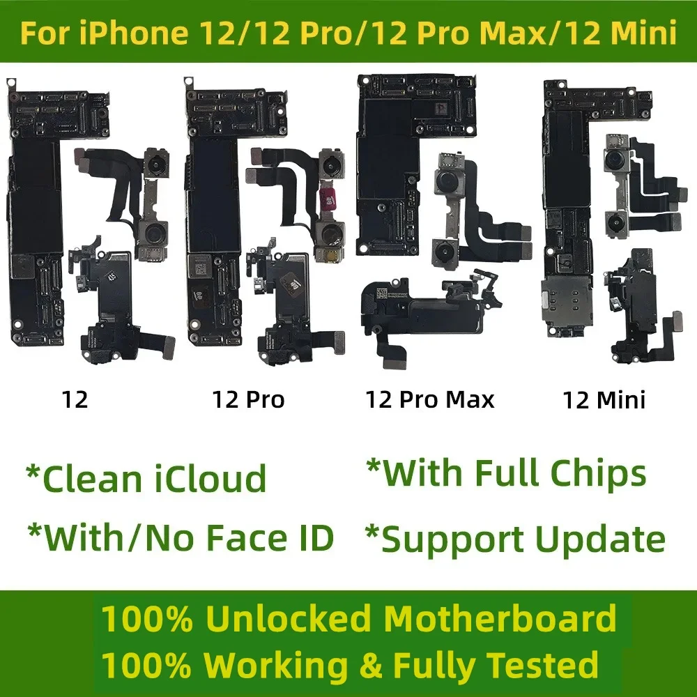 아이폰 12 프로 맥스용 완전 테스트 잠금 해제 클린 iCloud 마더보드, 페이스 ID 지지대 업데이트, 아이폰 12 미니 로..