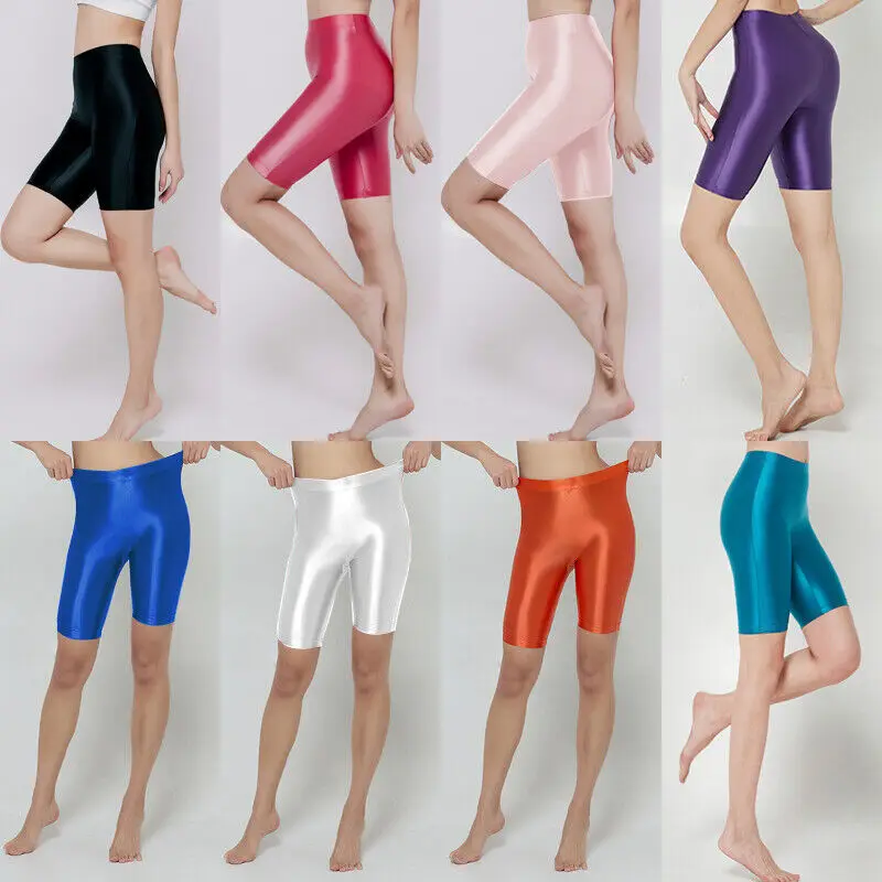 Women Glossy Shorts Elegant Boxer Briefs Panties Oil Shiny Satin Hot Pants Fitness Workout Yoga Sports Tights Short Leggings