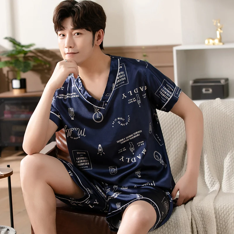 Mens Satin T-Shirt Male V Neck Short Sleeve Casual T-Shirt Loose Pajamas Tops Printing Loungewear Sleepwear Tees Tops
