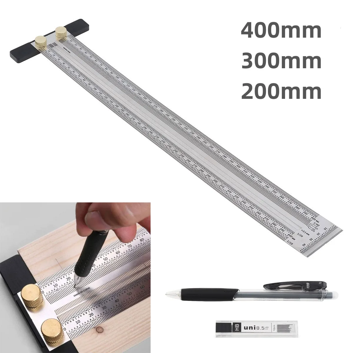 

High-Precision Scale Ruler T-Type Hole Ruler Stainless Woodworking Scribing Mark Line Gauge Carpenter Measuring Tool with Pencil