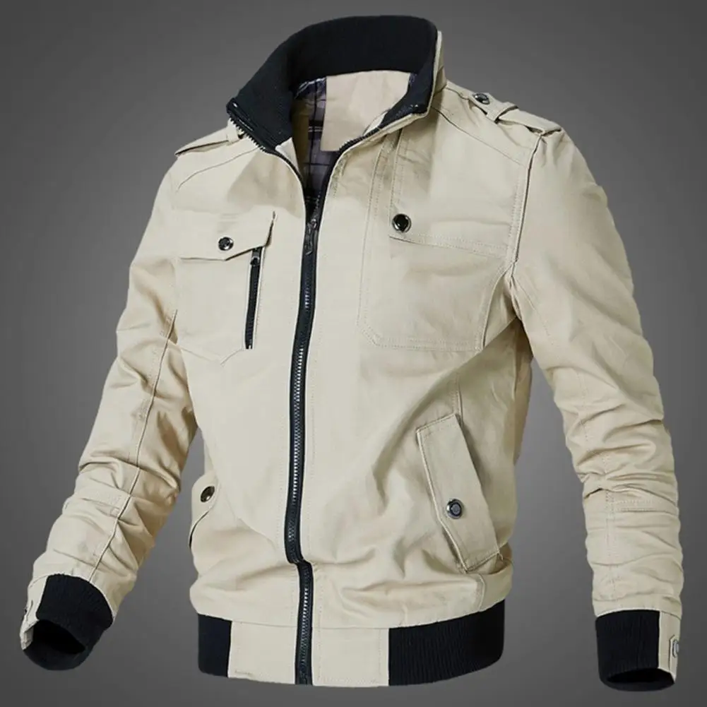 

Winter Men Jacket Epaulet Zipper Fly Stand Collar Elastic Hem Coat Solid Color Men Jacket Slim Multi Pockets Zipper Coat Outwear