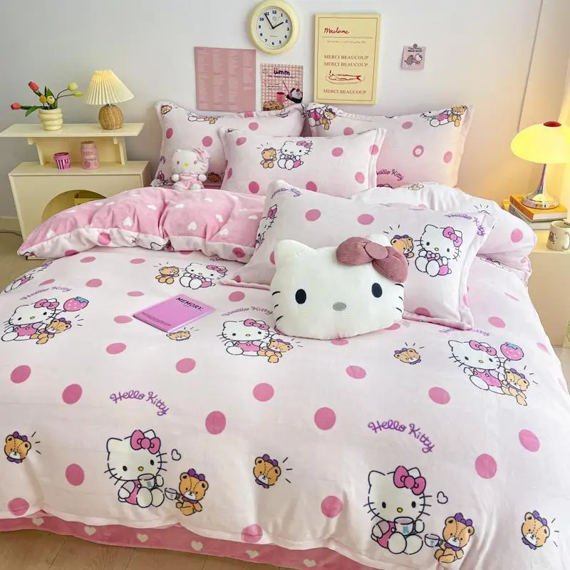 

Hello Kitty Milk Velvet Quilt Cover Beding Set Anime Cartoon Sanrio Bed Sheets Quilt Cover Pillowslip Dormitory 3-Piece Set