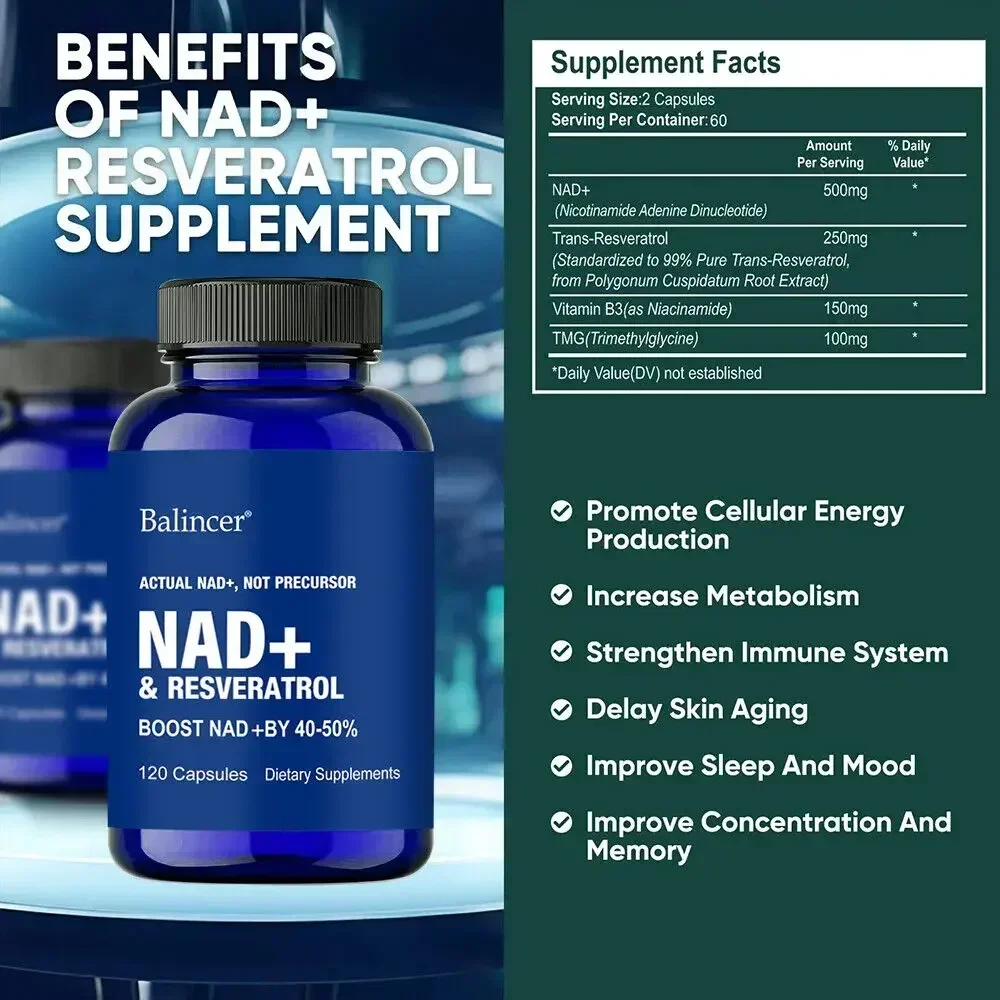 NAD + Resveratrol Supplement Anti-aging Helps Boost Energy Promotes Cell and Skin Health Promotes Blood Circulation