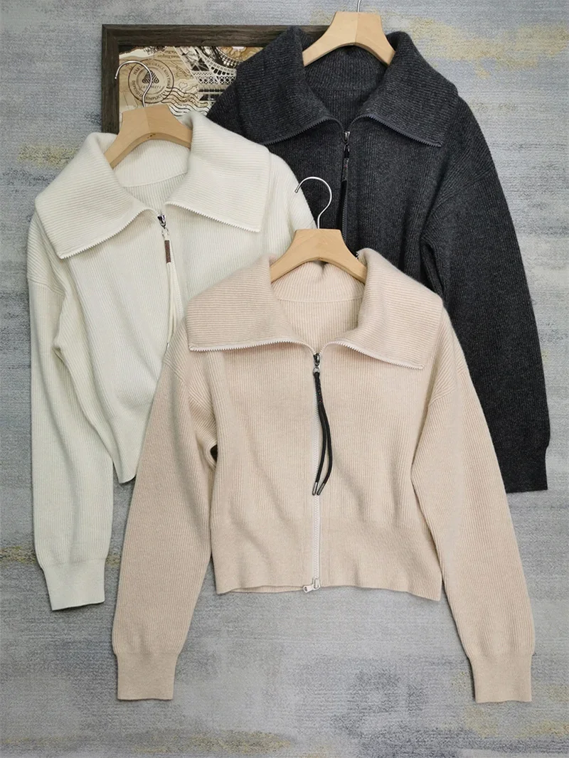 

Women's Cardigan 2023 New Fall Cashmere Large Lapel Double Zipper Solid Color Casual Long-Sleeved Sweater
