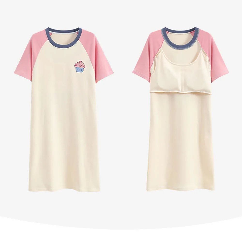 New Women's Summer Sweet Pajamas Dress 100% Cotton Soft Sleepwear Massagable Padded Bra for Sleeping Short Sleeve Night Gown