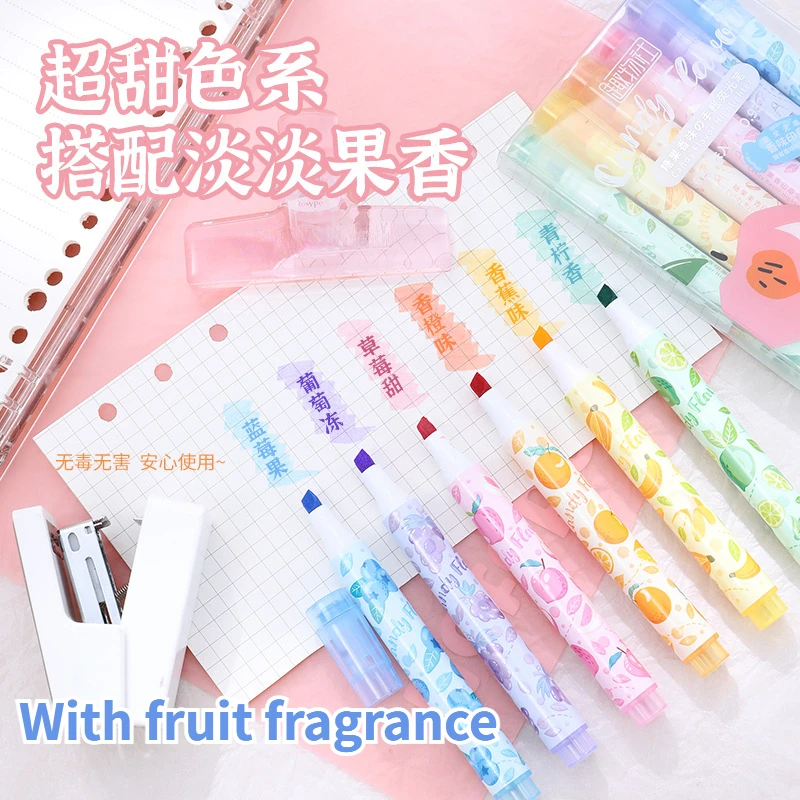 Kawaii Fragrance Highlighter Fruit Shape Stamp Marker Pens 6pcs Art Graffiti Drawing Markers Stationery School Office Supplies