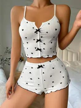Women's Cute Pajama Set Heart Print Lettuce Trim Bow Front Cami Top and Shorts Pj Set Soft Sleepwear 2