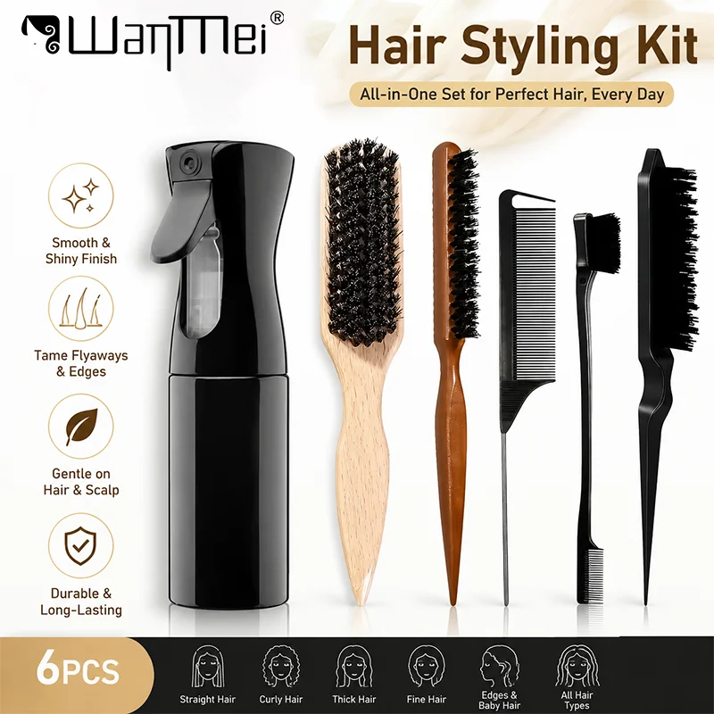 5/6pcs Professional Wood Mane Bristle Hair Brush Fluffy Rat Tail Hair Edge Control Teasing Comb Beard Hair Styling Tools Salon