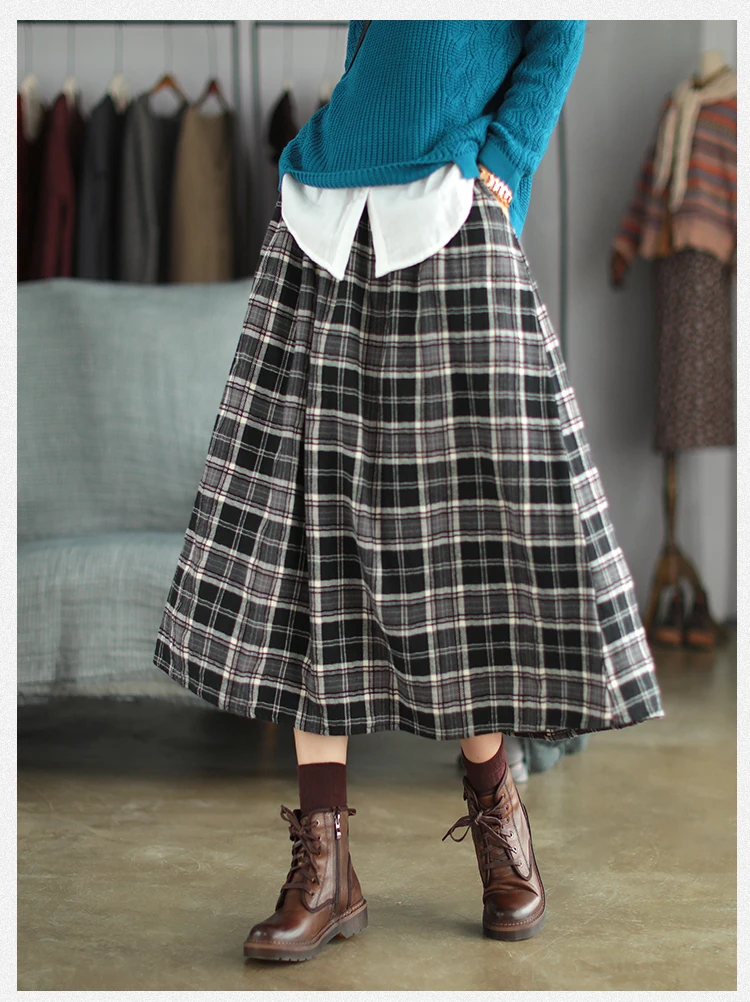 Women Skirt Spring Winter Retro Loose All-match Tops Ladies New Elastic Waist pocket Plaid Vintage Skirt FT826 skorts for women