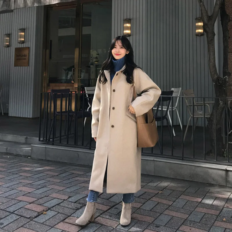 New Woolen Coat Black/Purple Thickened Cotton British Style Elegant Over Knee Cashmere Coat Female Winter Pocket Korean Outwears eshin high waist denim blue off knee wide leg pants for women 2023 autumn fashion female new y2k elegant jeans th5658