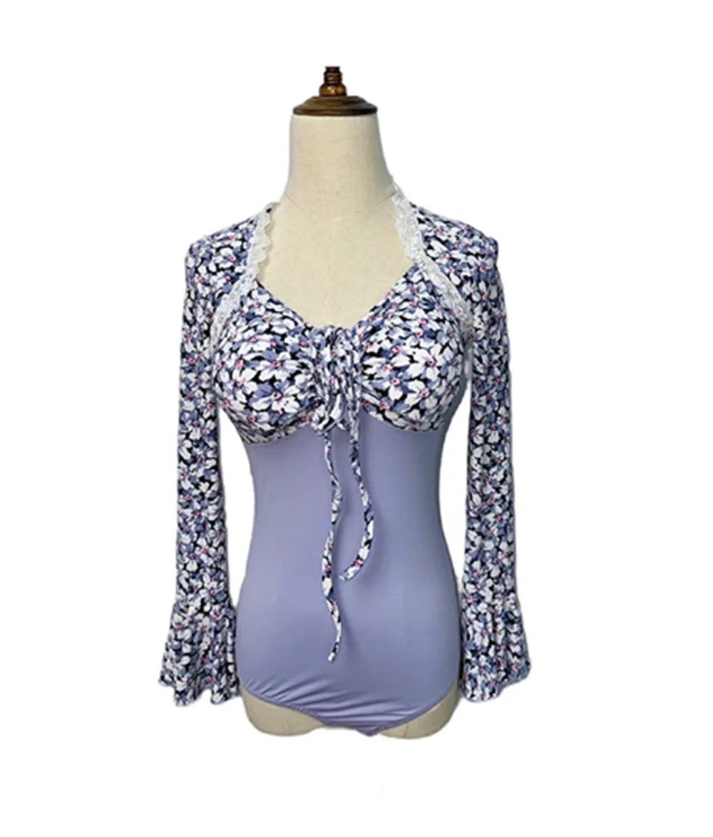 

Floral Ballroom Latin Dance Tops Women Flare Sleeve Bodysuit Tango Dancing Performance Wear ChaCha Samba Dance Clothing