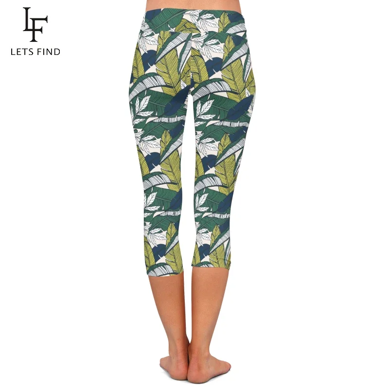 LETSFIND Summer New Design Women Capri Leggings Leaf Printing Mid-Calf 3/4 High Waist Elastic Leggings