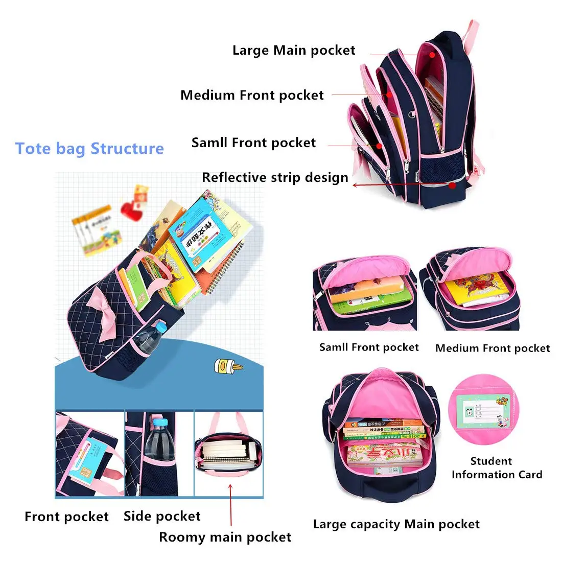 2 In 1 Girls Rolling Backpack Trolley School Bags Pink Bowknot Handbag Carry-on Kids Luggage & Travel Bag Child Mochila Escolar