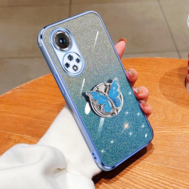 

NOVA9 8 Cover For Huawei NOVA 9 Pro 9 SE 9Z 8 8i 8Pro 7 6 5 5i Y6P Y7 Y7a Gradient Butterfly Bling Folding Stand Plating Case