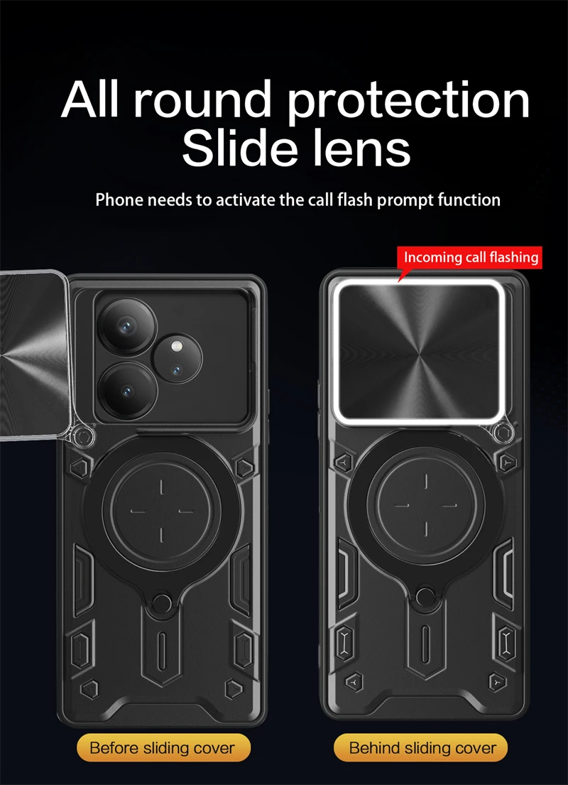 Enhanced Slide Lens Protect Phone Case with Armor Magnetic Holder and Ring Back Cover