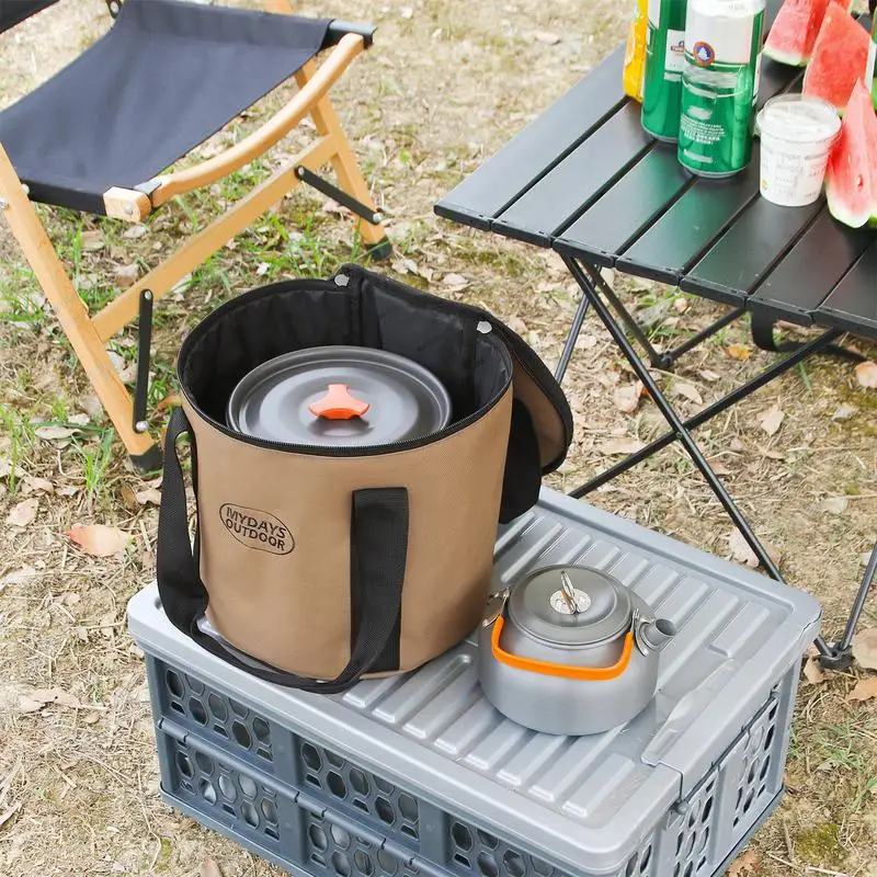 Camping Utensil Bag Portable Pot Organizer Pouch With Zipper Travel Use Cooking Set Storage Pouch Multifunctional Bucket Round