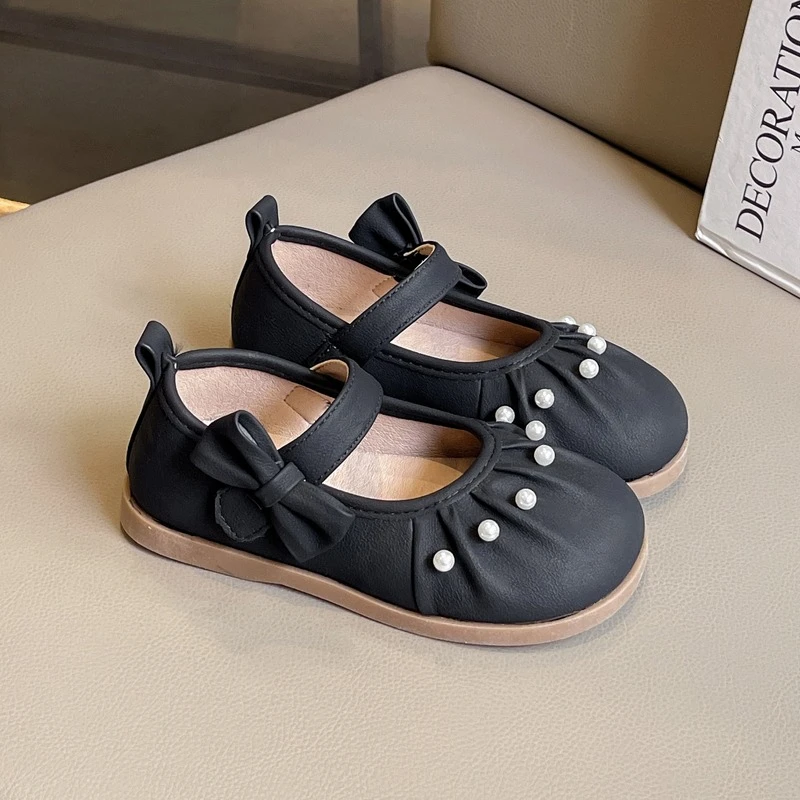 Leather Kids Flat Shoes for Girls with Bowknot and Pearl