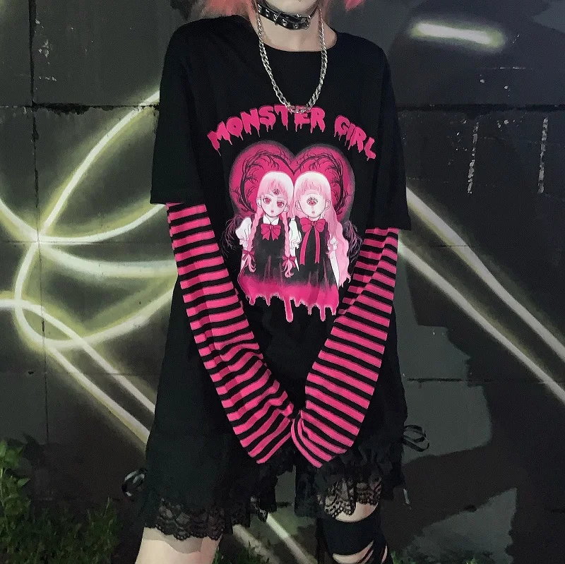 

Patchwork Long-Sleeved Anime Gothic Punk T-Shirt Summer Female Japanese Harajuku Vintage Striped Loose Casual Tee T-Shirt