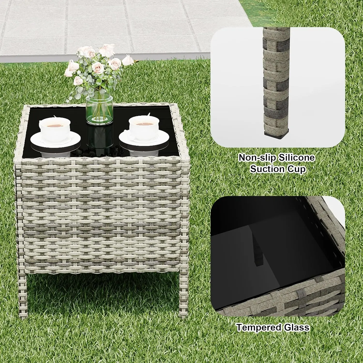 3-Piece Patio Set. All Weather Rattan. Soft Cushion. Glass Table. For Garden, Porch, Poolside. Grey & Blue.