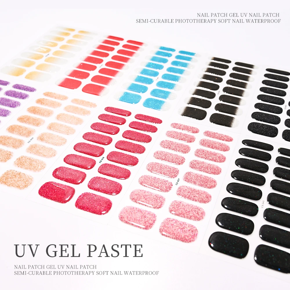 Semi-Cured Gel Nail Sticker 16Tips Glitter UV Gel Full Cover Long-Lasting UV Lamp Cured Manicure Tips nail stickers