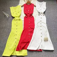 2025 Casual Knitting Long Dress Women Buttons V Neck Hook Flower Hollow Out Chic High Elastic Slim Vintage Beach Maxi Long Dress