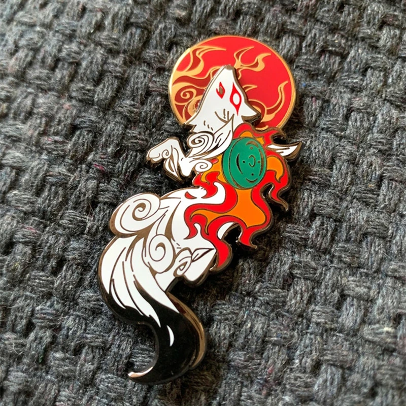 Okami amaterasu esmalte botão emblema japonês mitologia sol deusa lobo  branco broche jogo de vídeo arte jóias - AliExpress