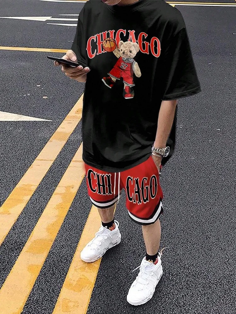 Cartoon Bear 3D Printed Men's Round Neck Short Sleeve 2pcs Suit Urban Street Trend Men's Top Outdoor Men's Drawstring Shorts 4