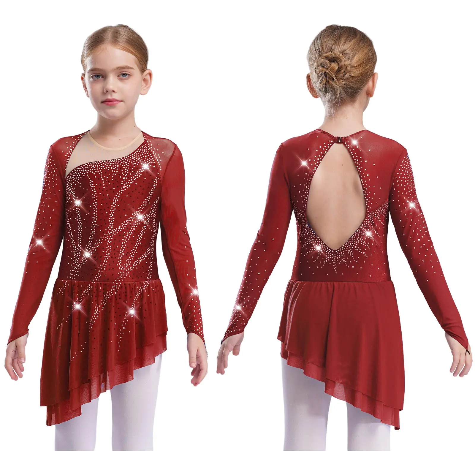 Kinder Mädchen Eiskunstlauf Rhythmische Gymnastik Trikot Kleid Asymmetrische Split Glänzende Strass Kontrast Farbe Kleid Ballerina – Detail 20