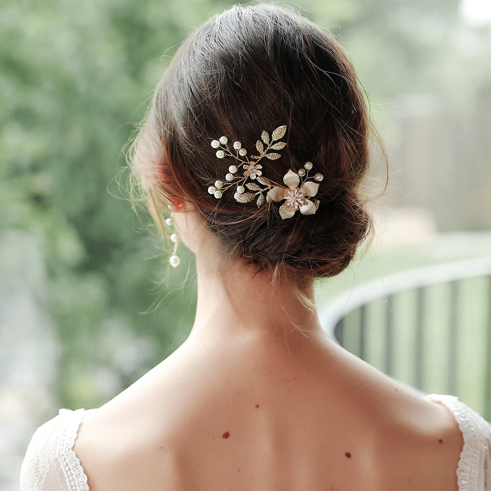 Flower Leaf Alloy Hair Clips Pearl Crystal Beaded Bridal Hair Accessories Bride Wedding Headpieces Jewelry As Gifts