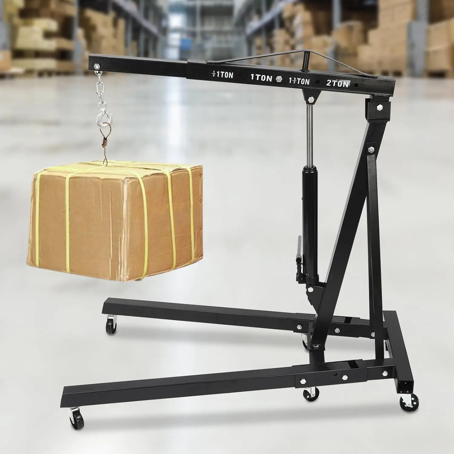 4409Lbs 2Ton Engine Hoist Folding Shop Crane with Six Casters & Lever Crane Pick Up Heavy Duty Steel Hydraulic Shop Engine