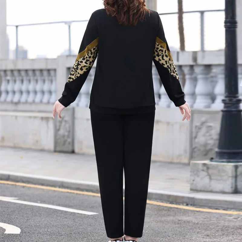 Spring Autumn O-Neck Leopard Print Long Sleeve Top Lady Pockets Side Gold Stripe Pants Casual Running Plus Size Two Pieces Sets