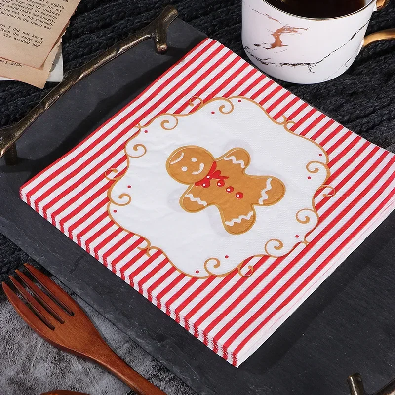 Paper Placemat 10/20pcs 33*33cm 2Ply Cartoon Santa Claus Red and White Striped Turmeric Man Printed Wine Glass Flower Origami
