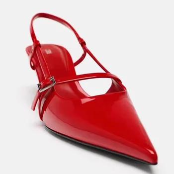 TRAF Summer Woman Red Lacquer Leather Pointed End Sexy High Heel Pumps ZAZA 2024 Fashion Slim Drawstring Slingback Women Shoes - Image 4