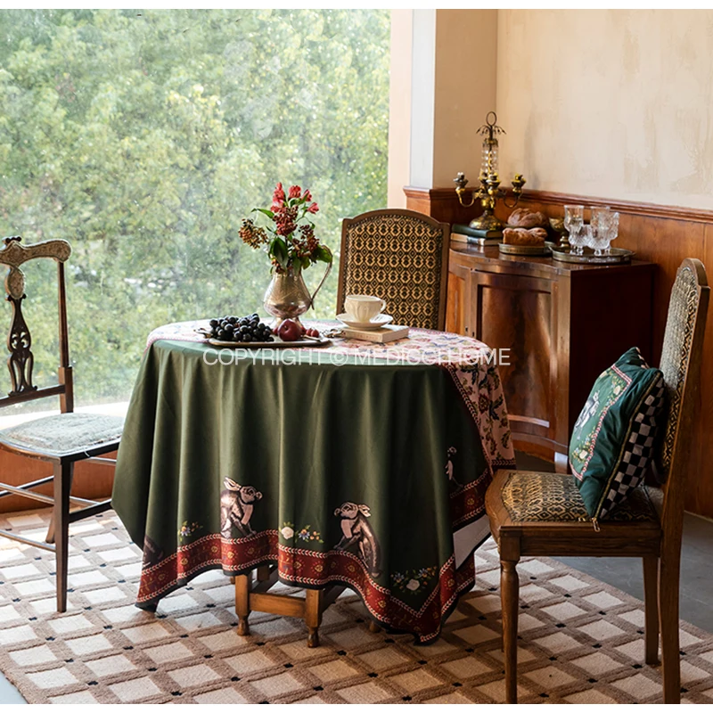 Medicci Home GG Style Inspired Velvet Tablecloth Italy Retro Green Rabbit Print Luxury Rectangle Table Cloth Cover Oval Overlay - Image 4