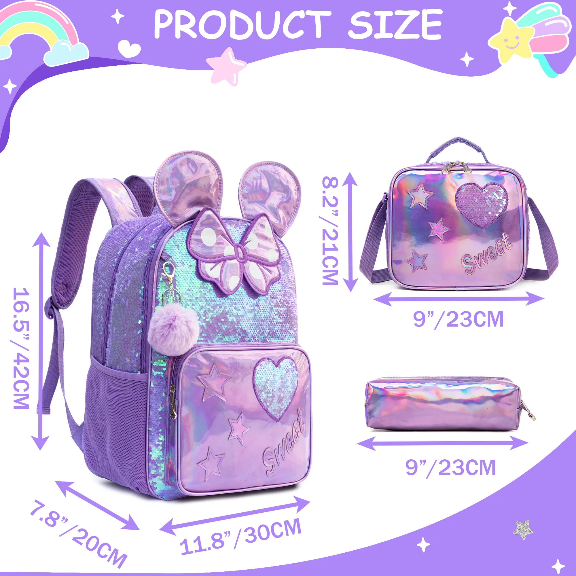 Backpack for Girls 16" Backpacks for Girls for School Sequin Backpack with Lunch Box for Elementary Students - 3