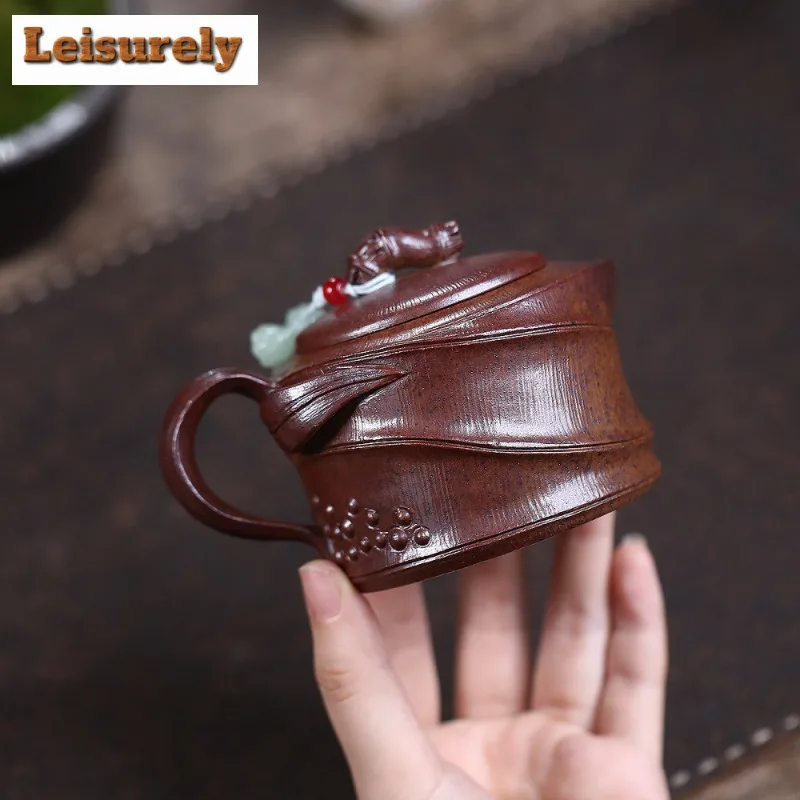 200ml Yixing Purple Clay Teapots Handmade Bamboo Joint Pot Raw Ore Wood-fired Porcelain Mud Kettle With Infuser Zisha Tea Set
