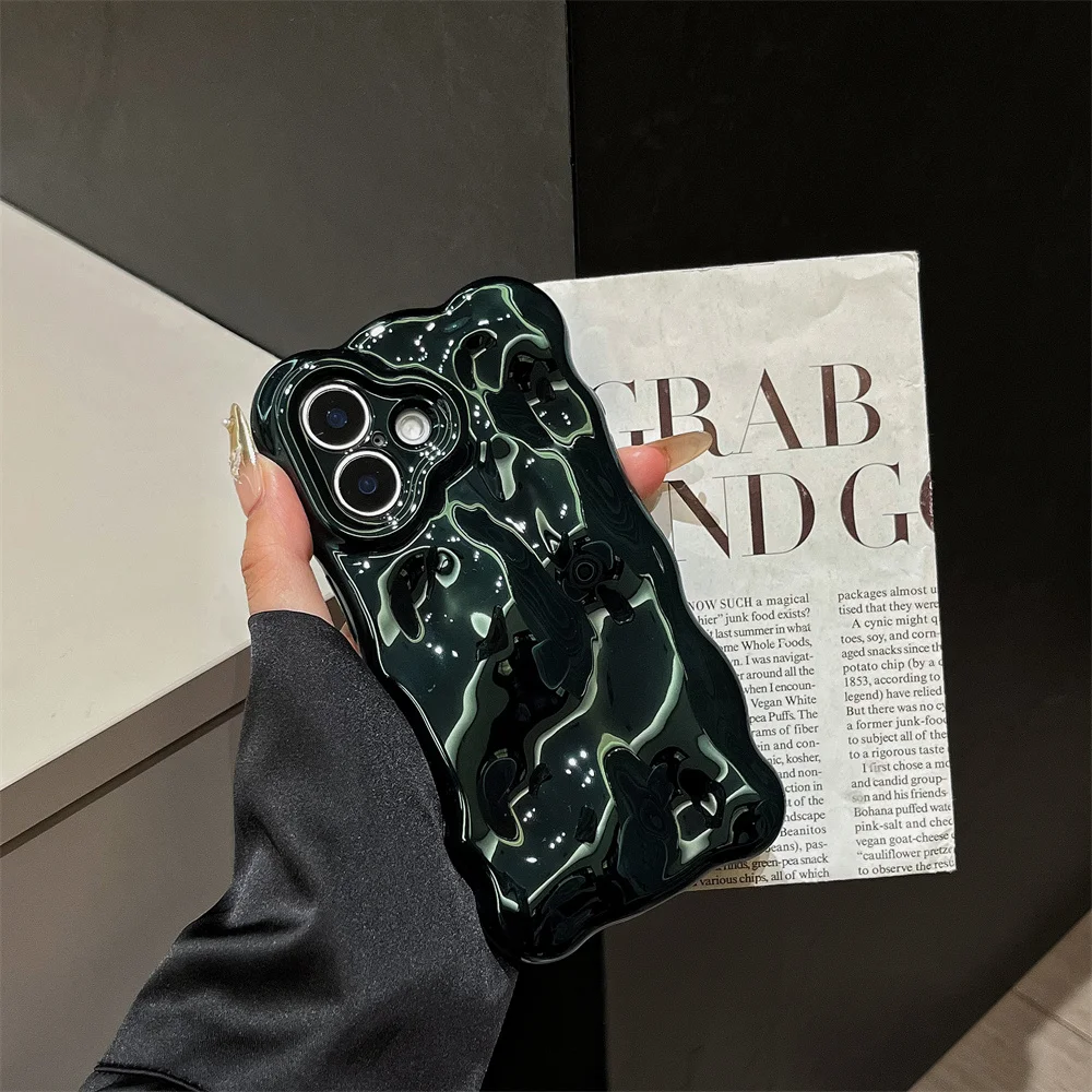 Glossy Wrinkle Plating Wave Border Case for iPhone 16 15 17 Pro Max Air Plus 11 12 13 14 Meteorite Pattern Soft Silicone Cover