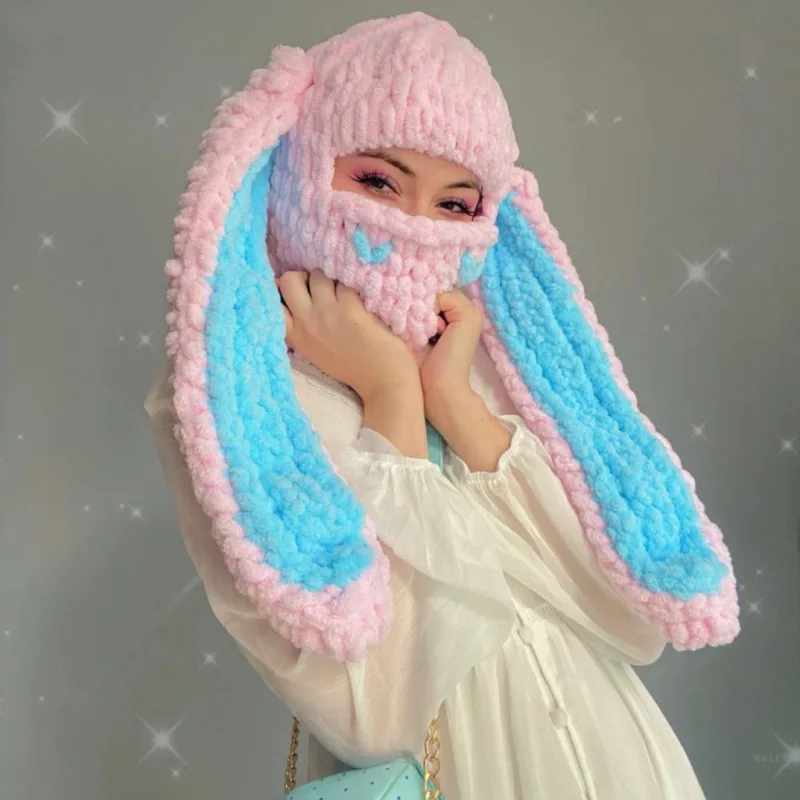Y2k lange Hasen ohren Hut Winter handgemachte gestrickte lustige Mütze Kappe verdicken warme Voll gesicht Ski maske Abdeckung Sturmhaube für Party
