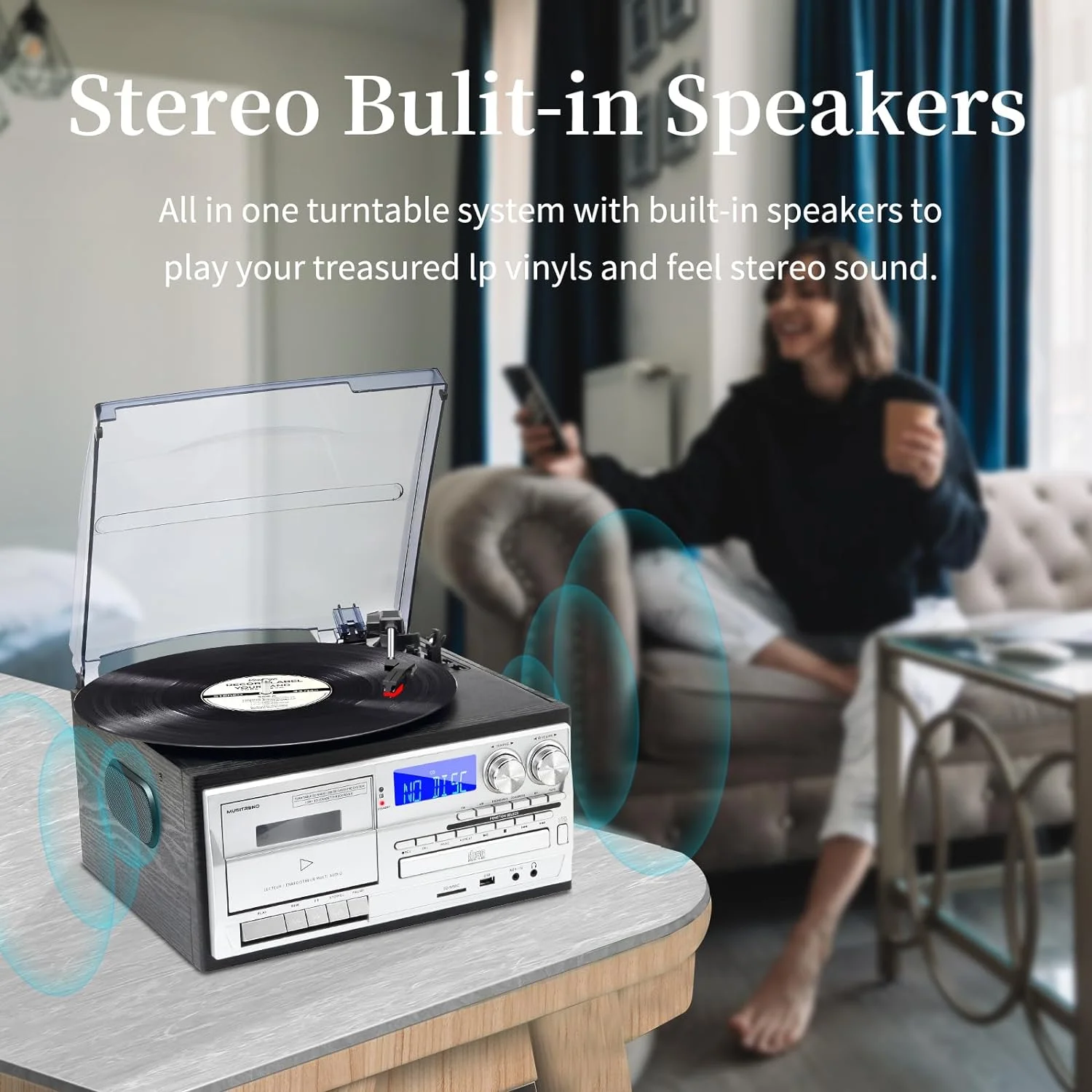 Vinyl record player Versatile Multifunctional Vintage Phonograph 3 Speed Adjustable Vinyl Record Player with Record Player CD Cassette FM/AM Radio
