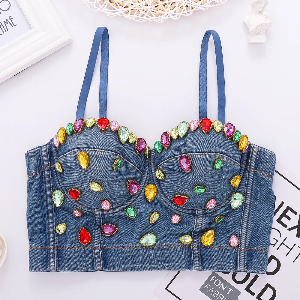 

SsTss Retro Style Jeans Corset Bustier Bra Women Luxury Rhinestone Glittering Push Up Bralet Sexy Club Party Denim Crop Tank Top