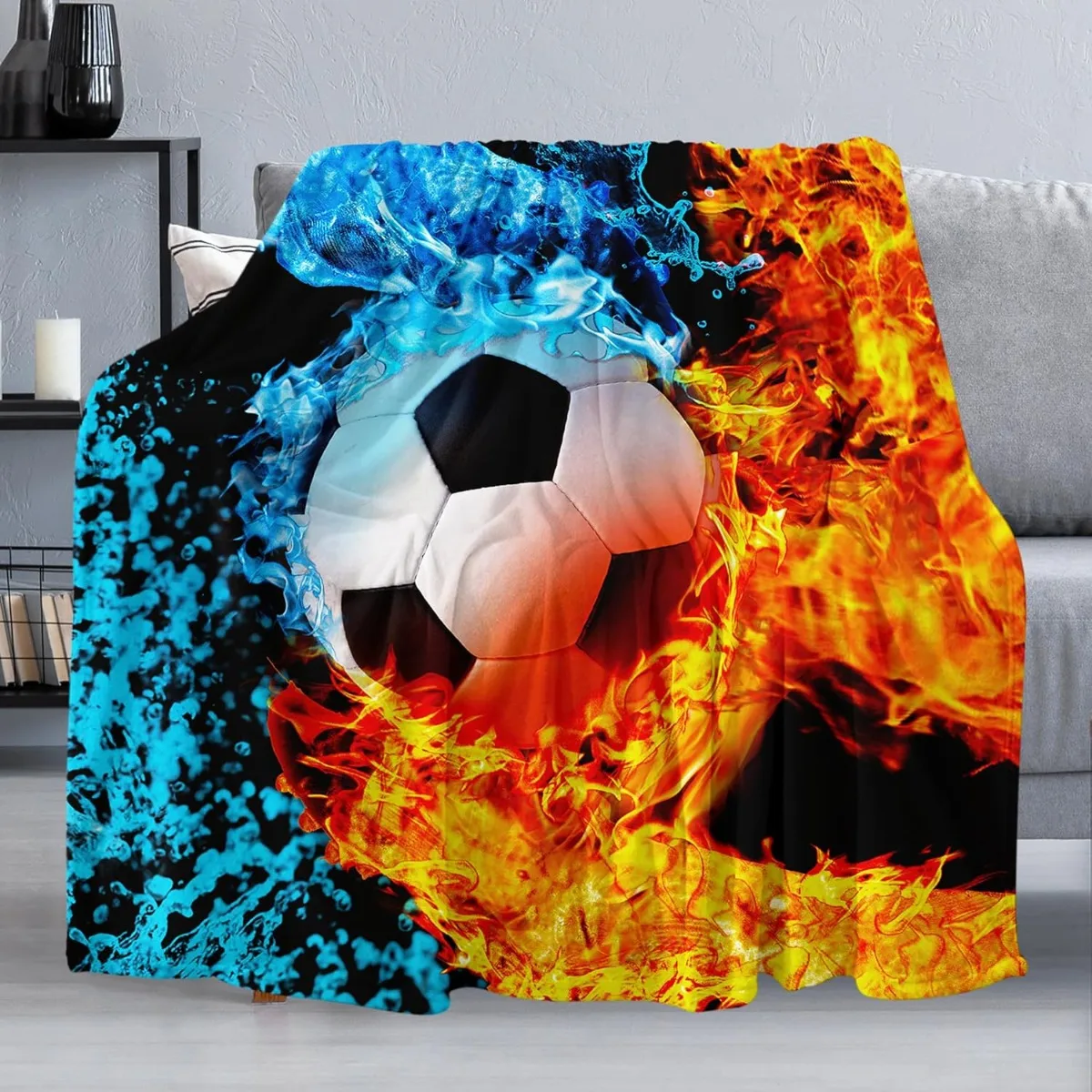 Fire & Ice Basketball Blanket for Couch, Lightweight Warm Blanket Cozy Soft Flannel Blanket, Decorative Fuzzy Throws for Sofa