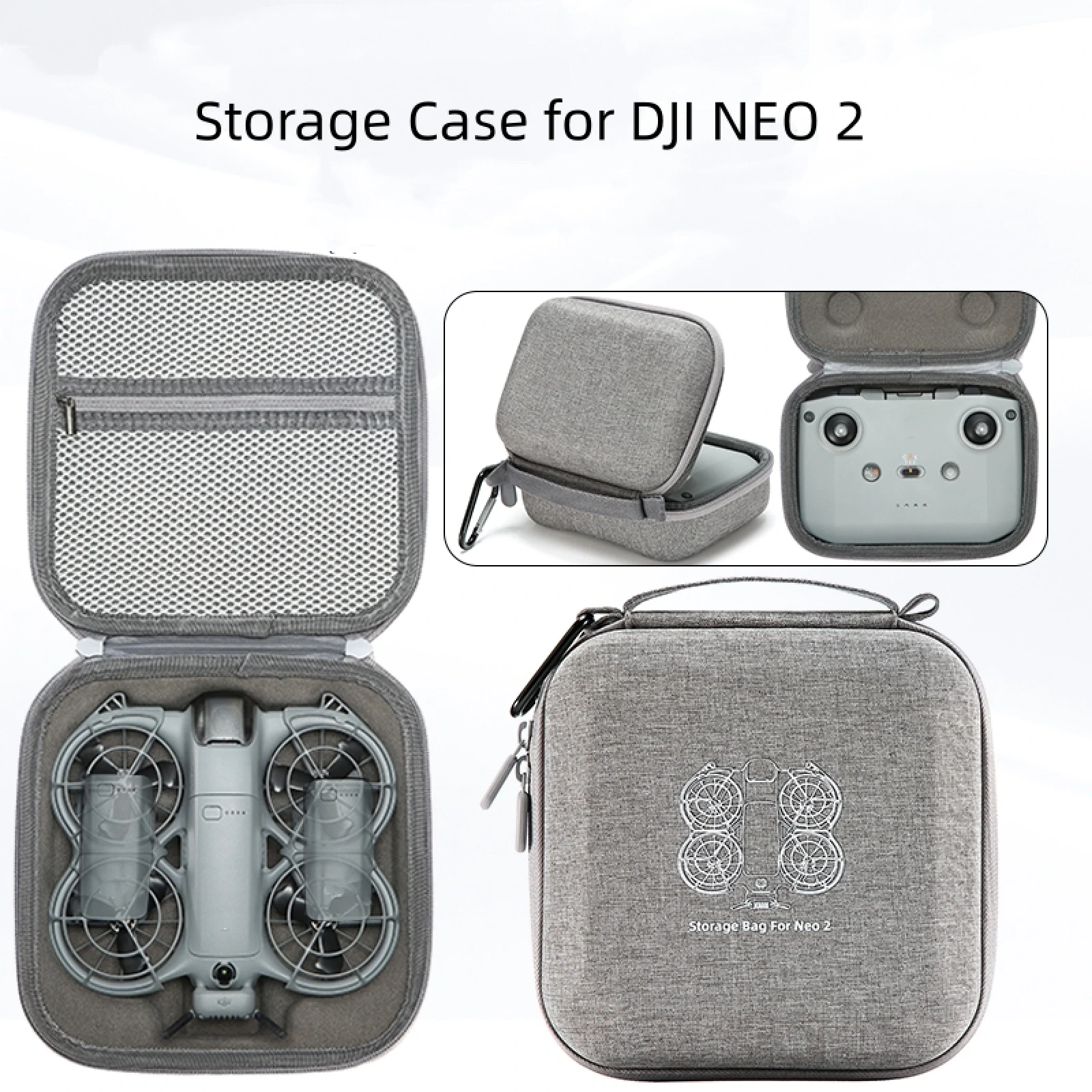 Étui de transport pour drone DJI Neo 2 posé sur une table, avec compartiments pour accessoires.